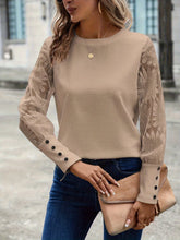 Waffle Knit Top with Floral Lace Sleeves