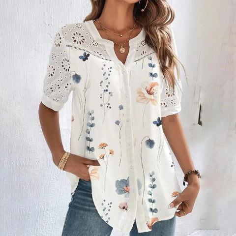 Fashion Loose Short Sleeve Lace Shirt