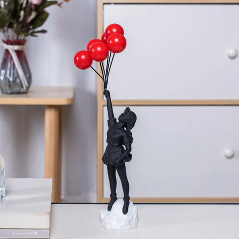 Flying Love Balloon Girl Sculpture Decor