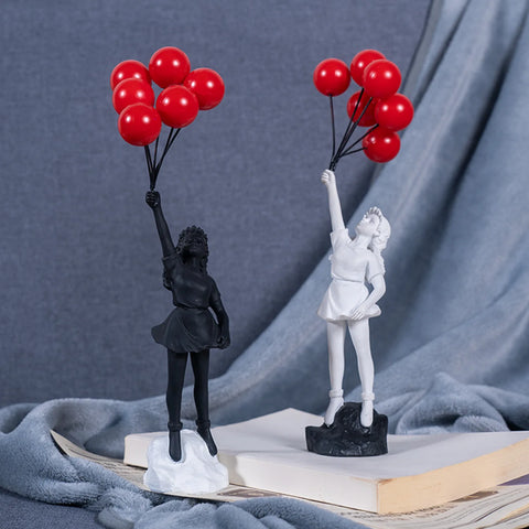 Flying Love Balloon Girl Sculpture Decor