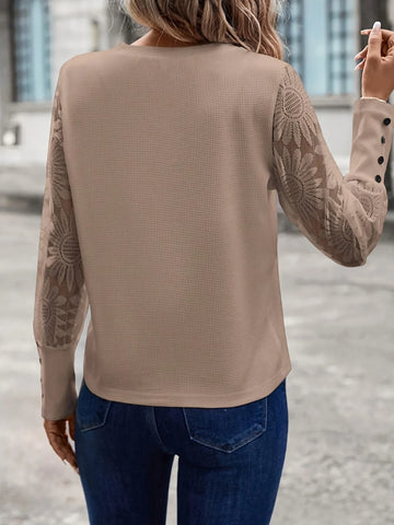 Waffle Knit Top with Floral Lace Sleeves