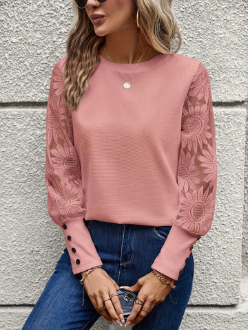 Waffle Knit Top with Floral Lace Sleeves