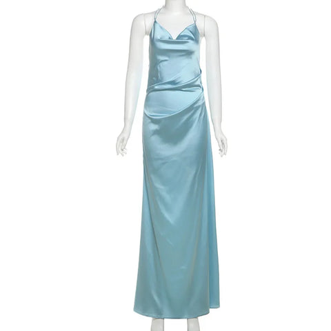 Elegant Blue Silk Backless Halter Dress