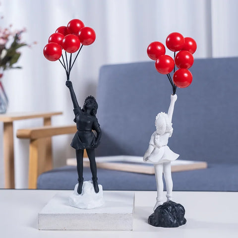 Flying Love Balloon Girl Sculpture Decor