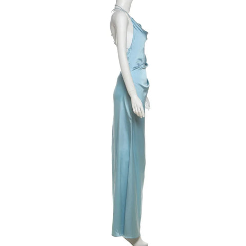 Elegant Blue Silk Backless Halter Dress